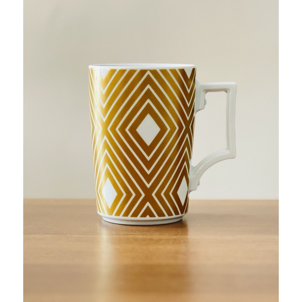 Starbucks Rosanna Coffee Mug Gold White Diamond Argyle Square Handle 12 Oz. 2013